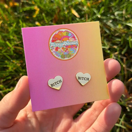 Golden Enamel Bitch Heart Stud Earrings