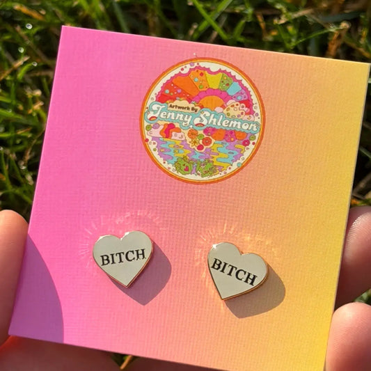 Golden Enamel Bitch Heart Stud Earrings