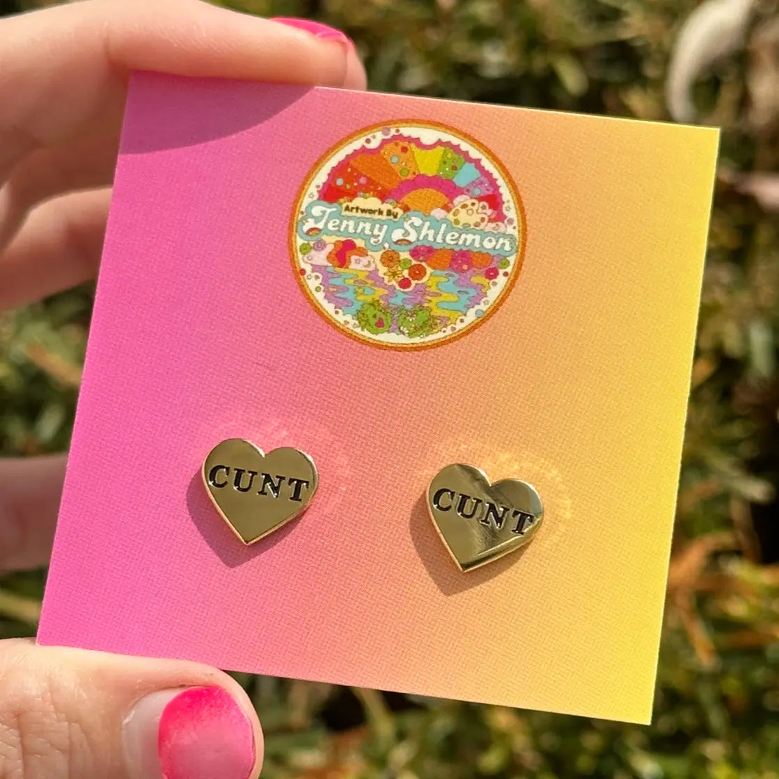 Golden Enamel Cunt Heart Stud Earrings