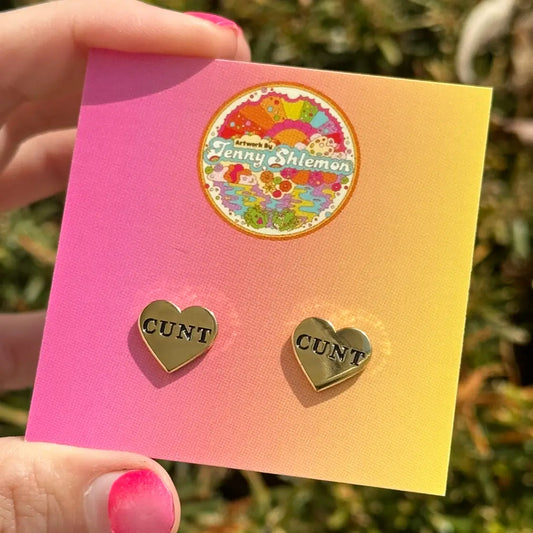 Golden Enamel Cunt Heart Stud Earrings