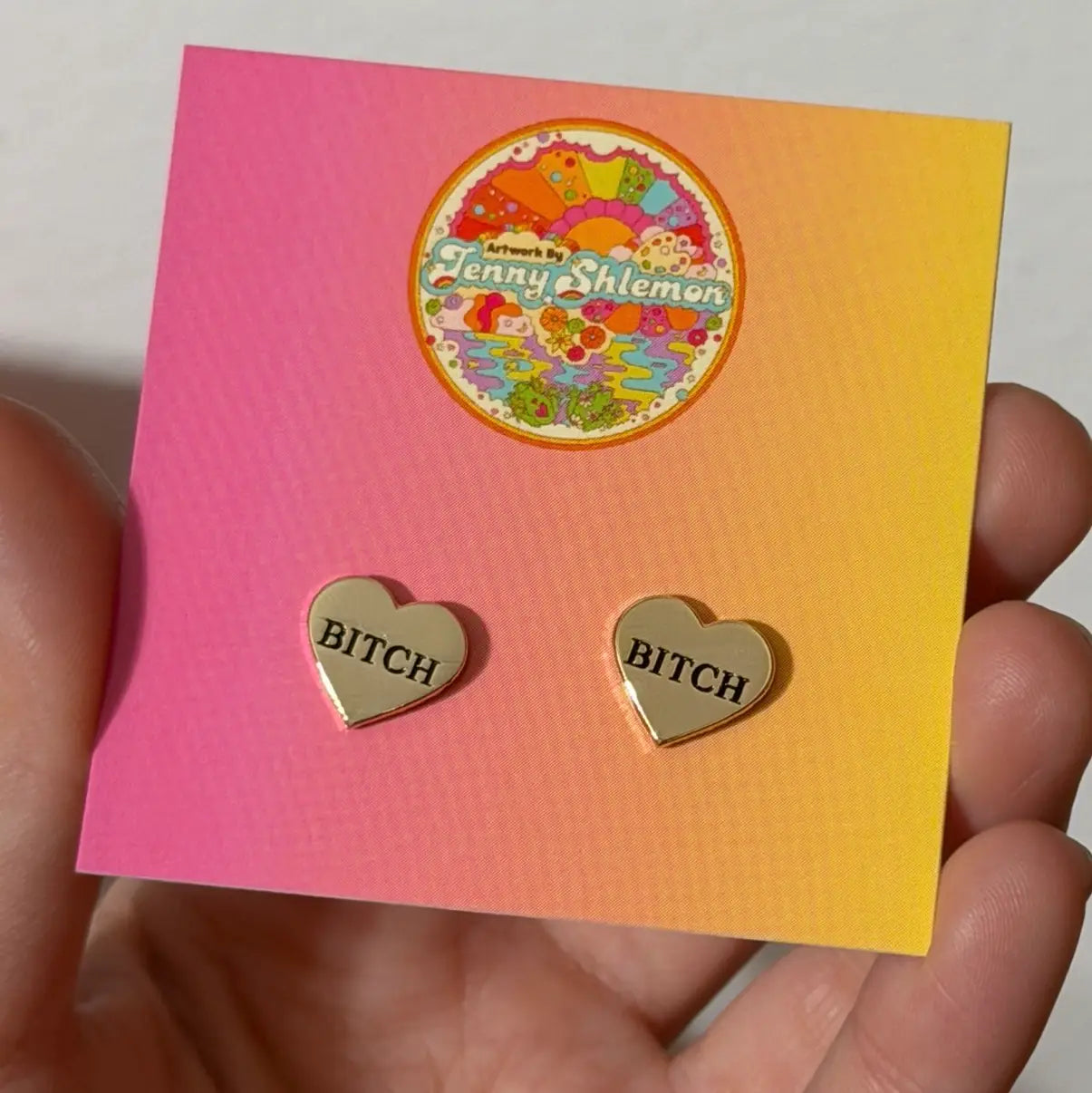 Golden Enamel Bitch Heart Stud Earrings