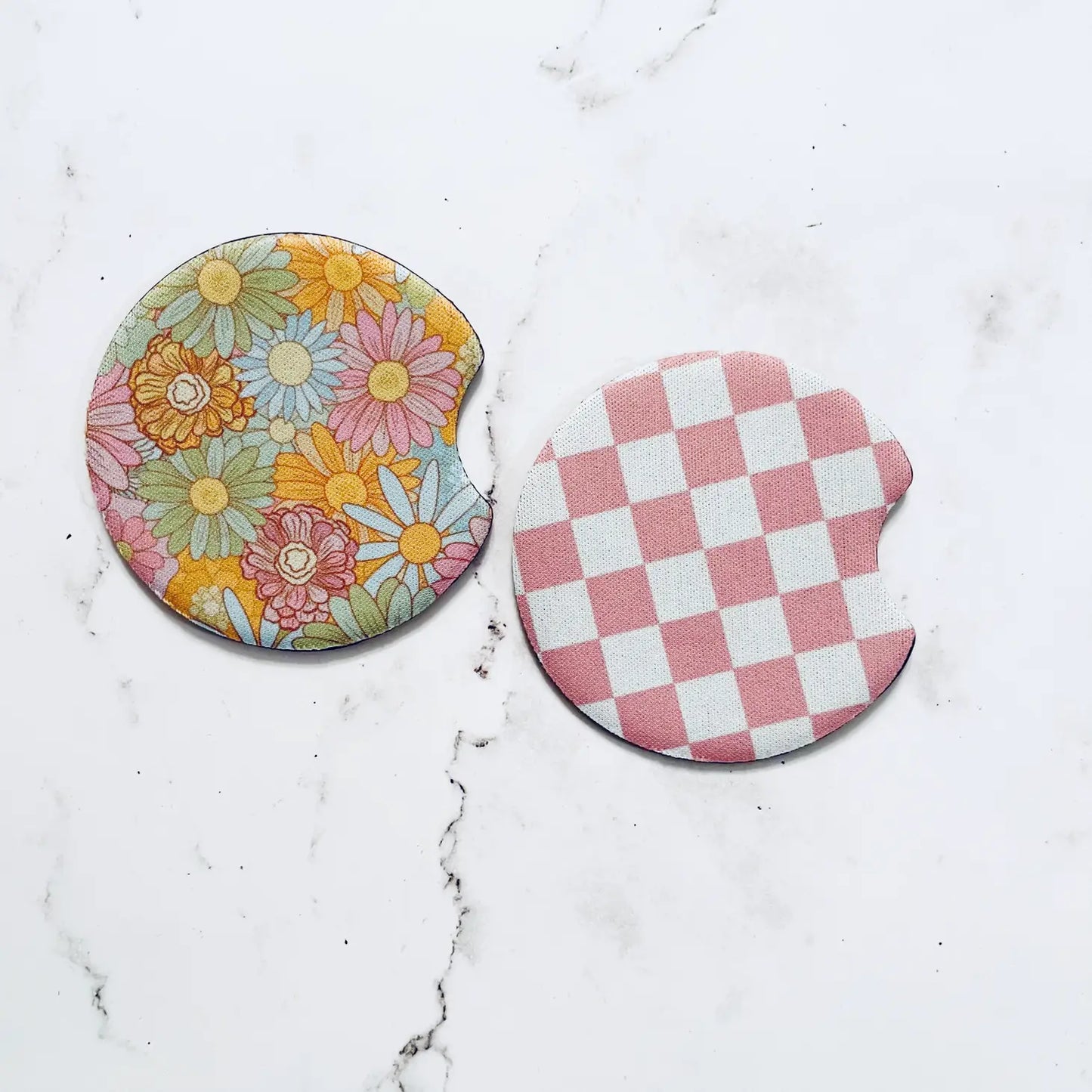Cottagecore Retro Floral and Pink Check Design Car Coasters