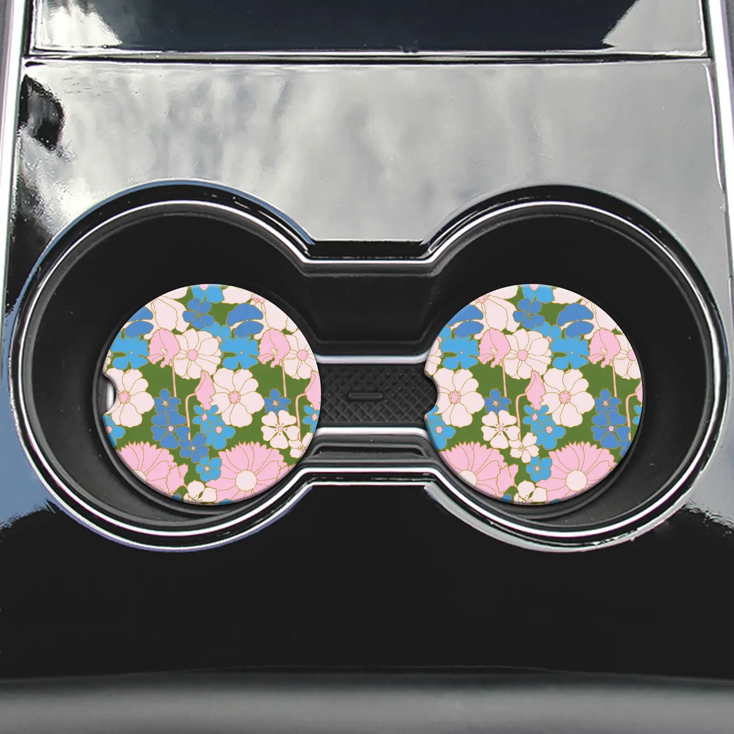 Cottagecore 60'S Blue Floral Pattern Design Design Car Coasters