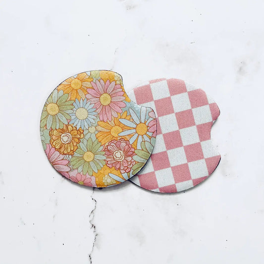 Cottagecore Retro Floral and Pink Check Design Car Coasters